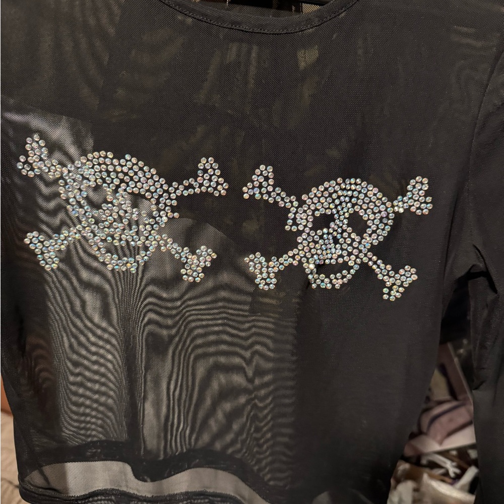 Black Sheer Top with Rhinestone Skull Design
